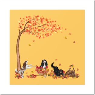 Four Cavalier King Charles Spaniels Playing in Fall Leaves Posters and Art